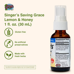 Herbs Etc. Singer's Saving Grace bottle label close-up highlighting key ingredients.