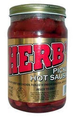 Herb's Pickled Hot Sausage jar ready to eat for outdoor snacking with bold, spicy flavor.
