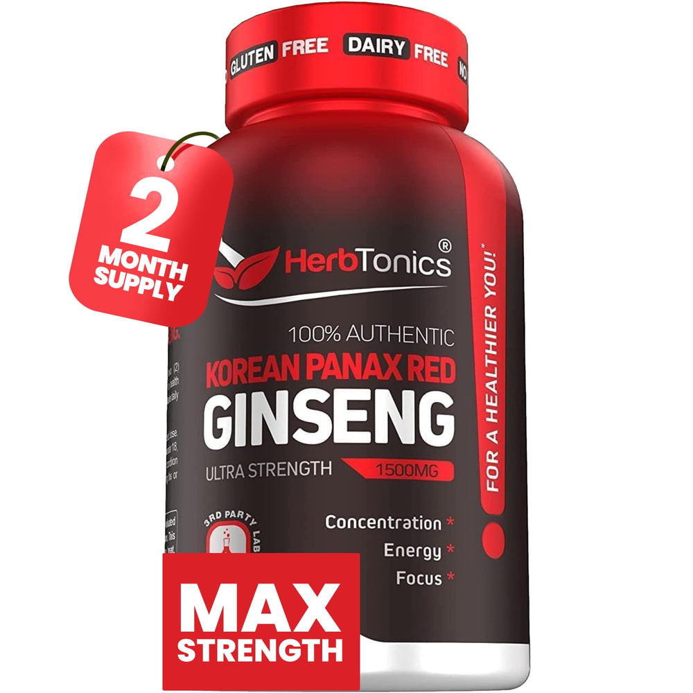 Herbtonics Korean Red Panax Ginseng bottle for energy support.