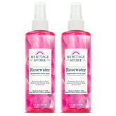 HERITAGE STORE Rosewater 2-Pack bottle front shows packaging and vegan formula for all skin types.