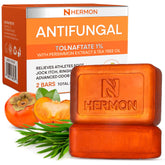 Hermon Antifungal Soap Bar packaging highlights daily use and travel readiness.