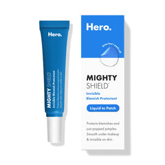 HERO COSMETICS Mighty Shield bottle dispense shows quick, invisible patch application for blemishes.