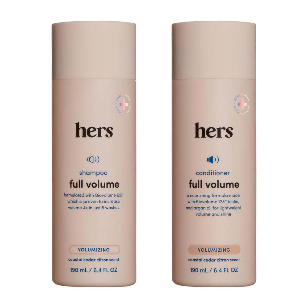 Hims & Hers full volume shampoo bottle enhances fullness with coastal cedar citron scent.