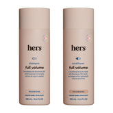 Hims & Hers full volume shampoo bottle enhances fullness with coastal cedar citron scent.