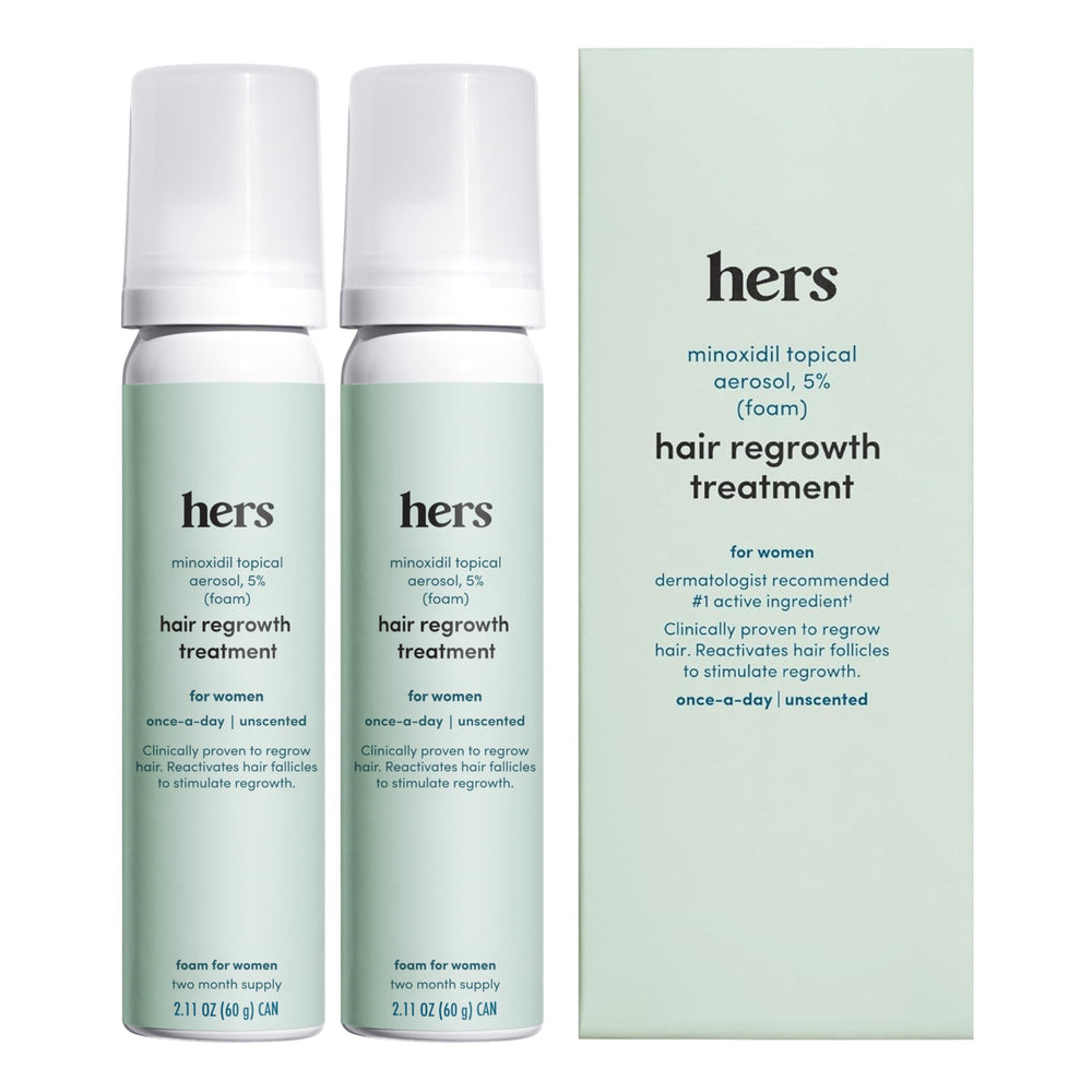 hers minoxidil 5% foam bottle and box for women supports fuller hair over time