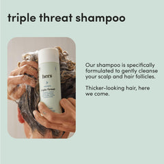 Hers Triple Threat Conditioner bottle emphasizes deep hydration for smooth, manageable strands.