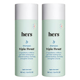 Hims & Hers Triple Threat Shampoo bottle close-up, biotin-enhanced formula for fuller hair.