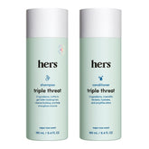 Hers Triple Threat Shampoo bottle highlights biotin blend for fuller, healthier-looking hair.