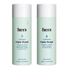 Hers Triple Threat Shampoo bottle highlights biotin blend for fuller, healthier-looking hair.