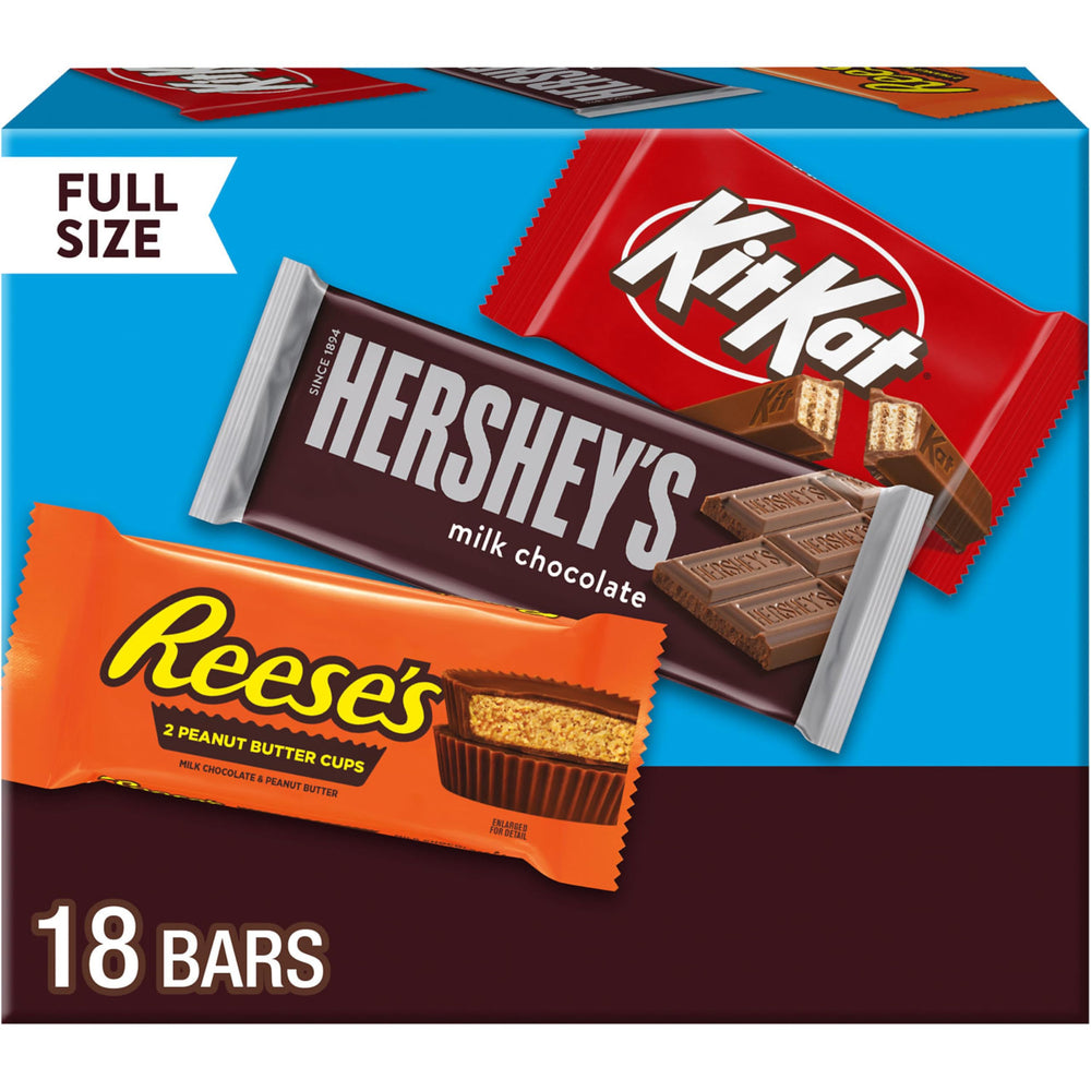HERSHEY'S assorted bars box front, ideal for sharing at parties and events.
