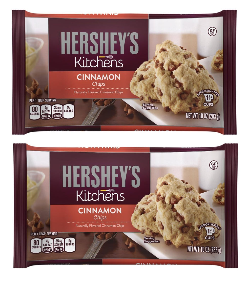 Hershey's Cinnamon Baking Chips in two 10 oz bags on display for baking.