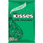 Hershey's Kisses milk chocolate bulk bag in green foil wrappers for gifting.
