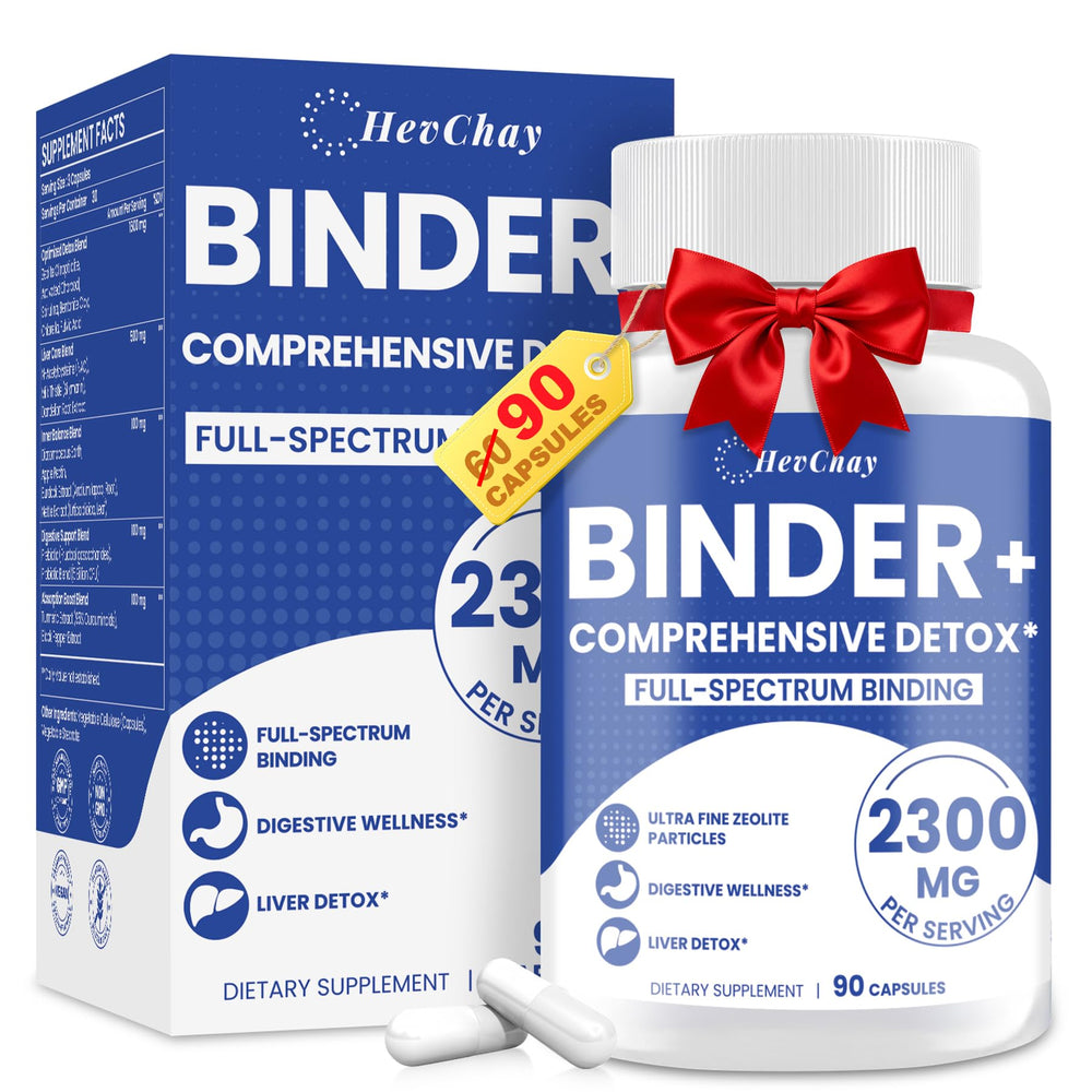HevChay Detox Binder bottle closeup showing vegan capsules for daily detox support.
