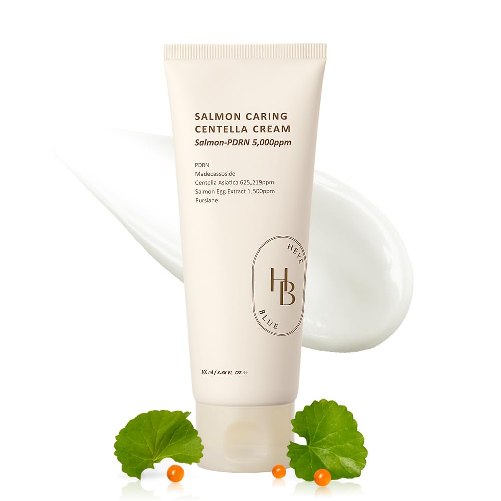 HEVEBLUE Salmon Caring Centella Cream bottle highlights actives for hydration.