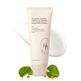 HEVEBLUE Salmon Caring Centella Cream bottle highlights actives for hydration.