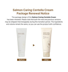 HEVEBLUE Salmon Caring Centella Cream ingredients close-up shows centella and salmon extract.