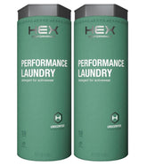 HEX Performance unscented laundry detergent bottle showing eco-friendly activewear care benefits