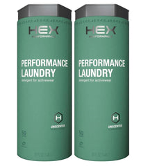 HEX Performance unscented laundry detergent bottle showing eco-friendly activewear care benefits