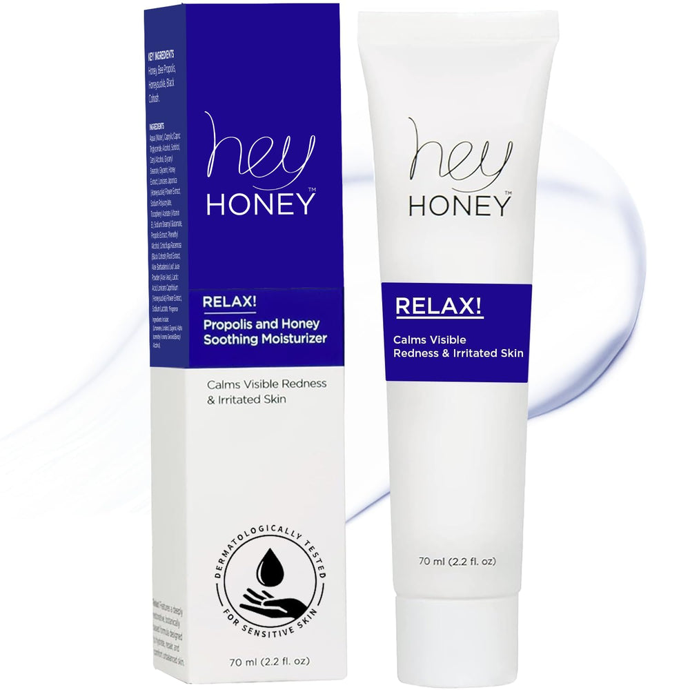 Hey Honey Relax bottle pour shows oil-free, sensitive-skin friendly texture