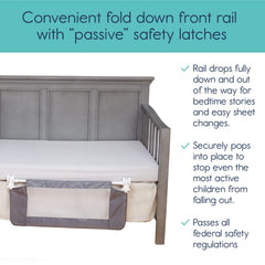 Fold-down bed rail enables easy storytime and quick access
