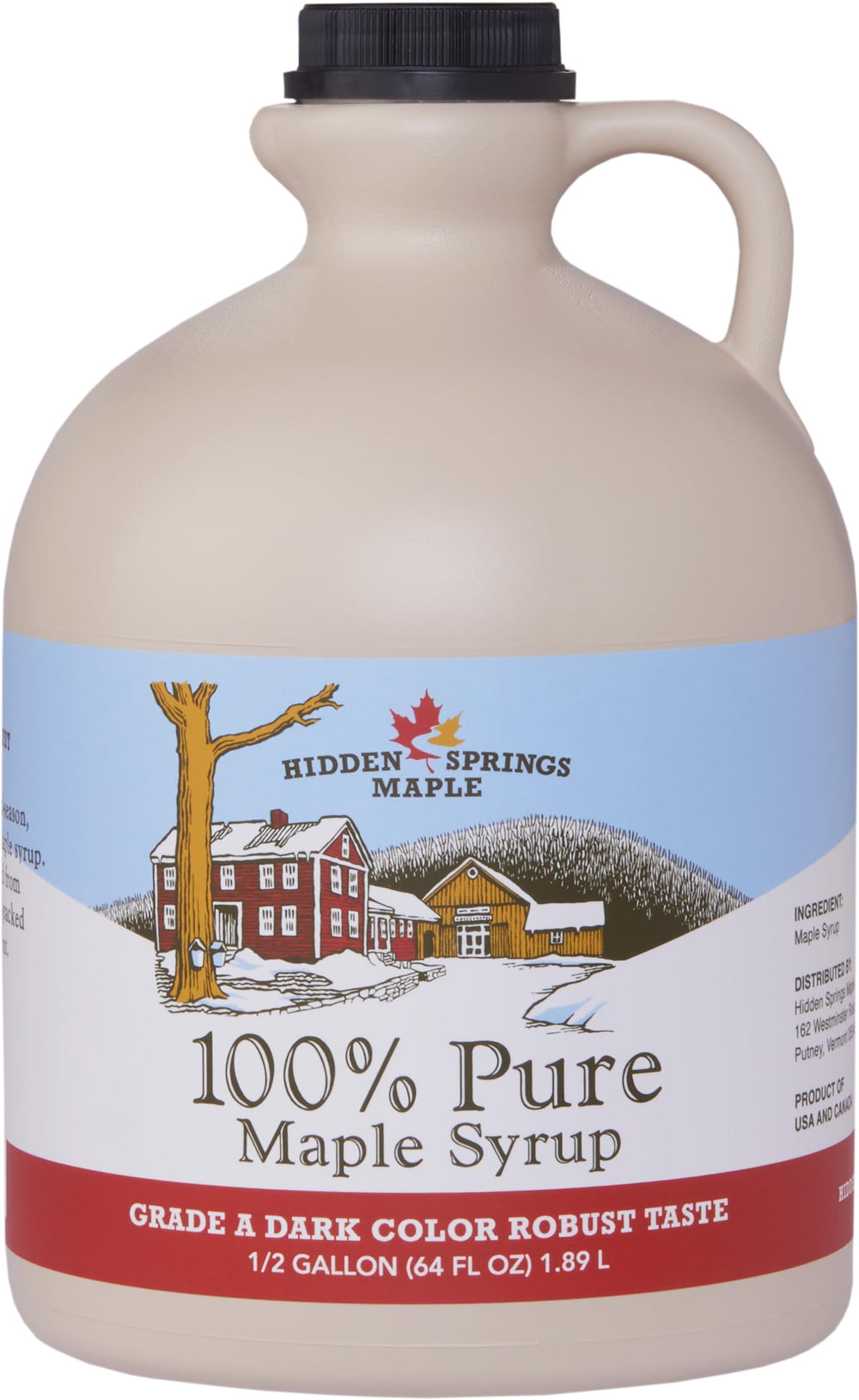 Hidden Springs Maple Dark Half Gallon bottle pouring over pancakes for breakfast.
