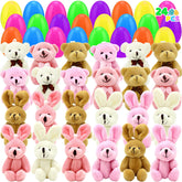 Hidreas prefilled Easter eggs with plush bunnies and bears for kids' surprise hunts.