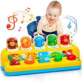 Hieoby interactive pop-up animal toy front view with colorful buttons for fine motor play.