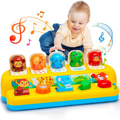 Hieoby interactive pop-up animal toy front view with colorful buttons for fine motor play.