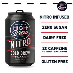 High Brew Nitro Black pour into glass capturing silky nitro crema and bold aroma