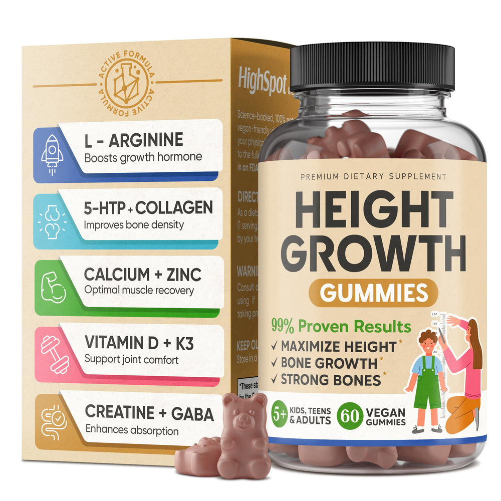 HighSpot Height Growth Gummies bottle front label highlighting calcium and vitamins for growth.