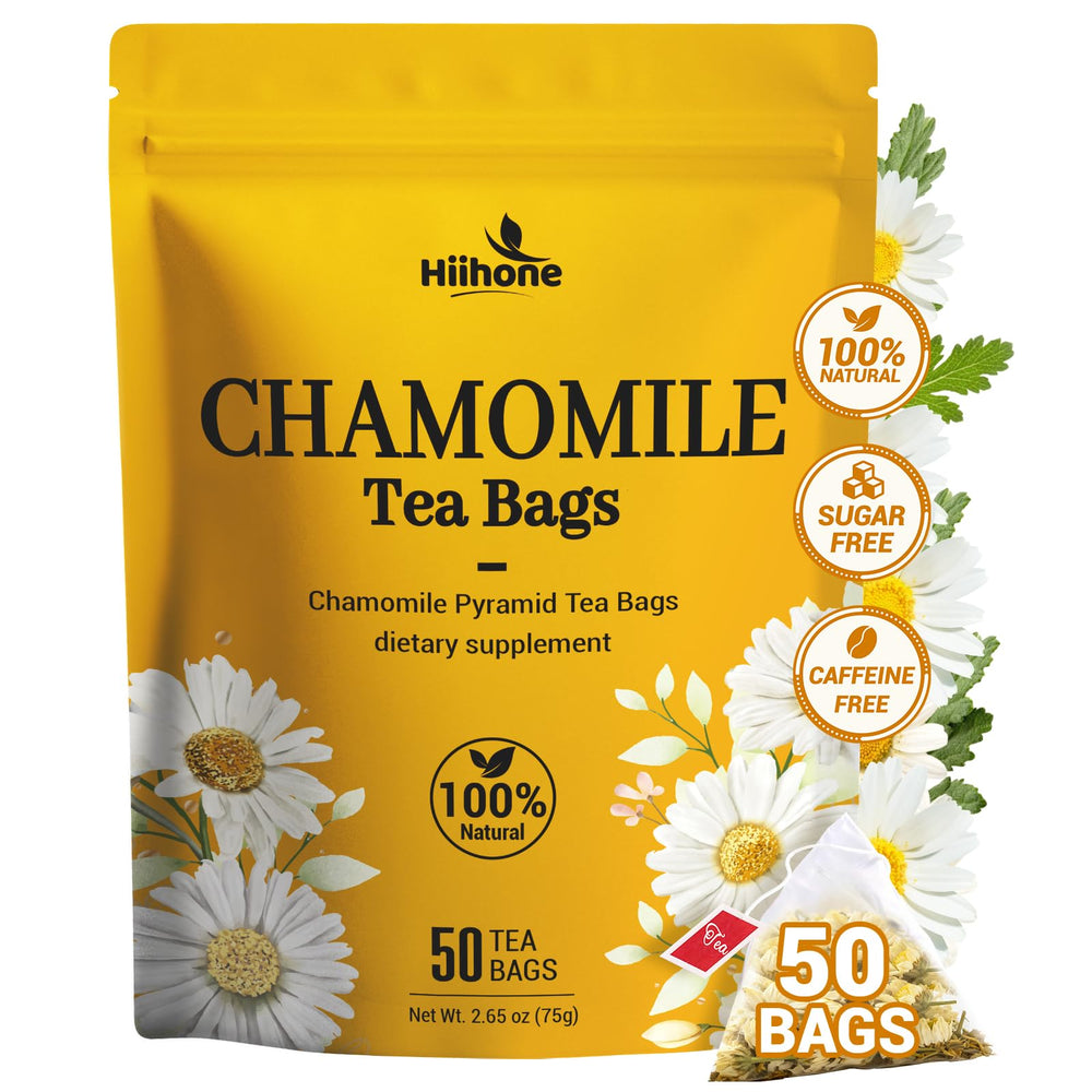 HIIHONE chamomile tea bags in a resealable pack for daily calm and comfort.