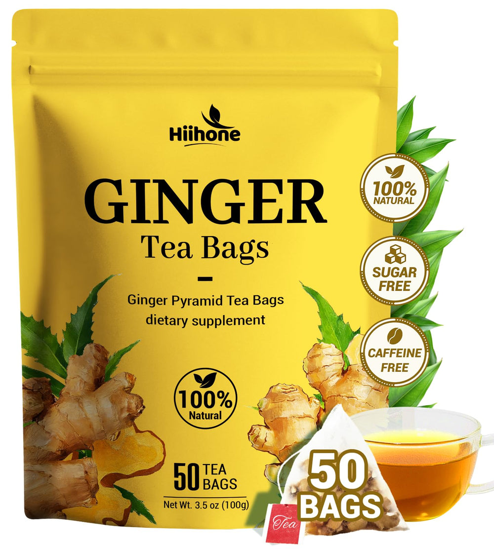 HIIHONE Ginger Root Tea bags showcase fresh, caffeine-free herbal blend for soothing moments.