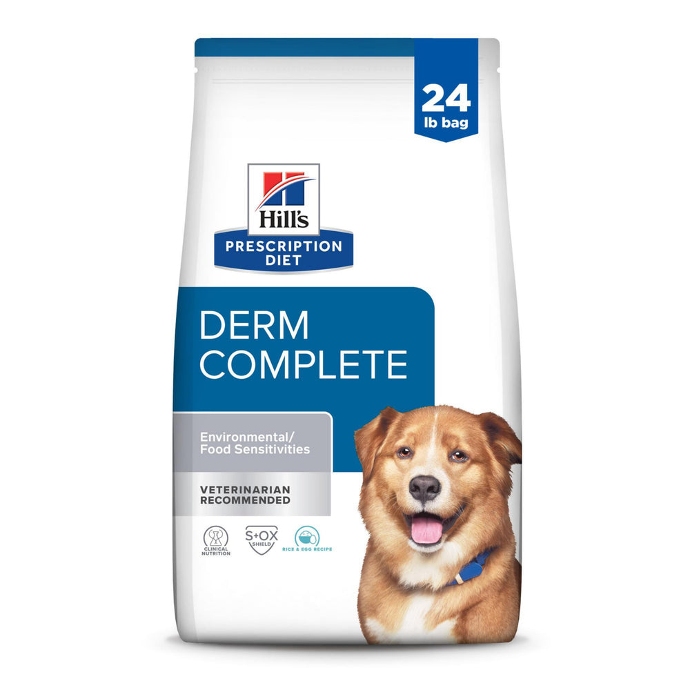 Hill's Prescription Diet Derm Complete bowl of dry dog food supports skin comfort and sensitivity management.