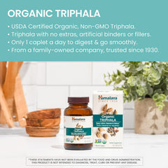 Close-up of Himalaya Triphala powder and capsules for gentle digestive health
