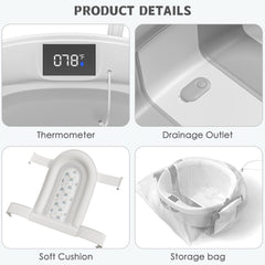 Himold collapsible baby bathtub includes a soft cushioned insert for head and neck comfort.