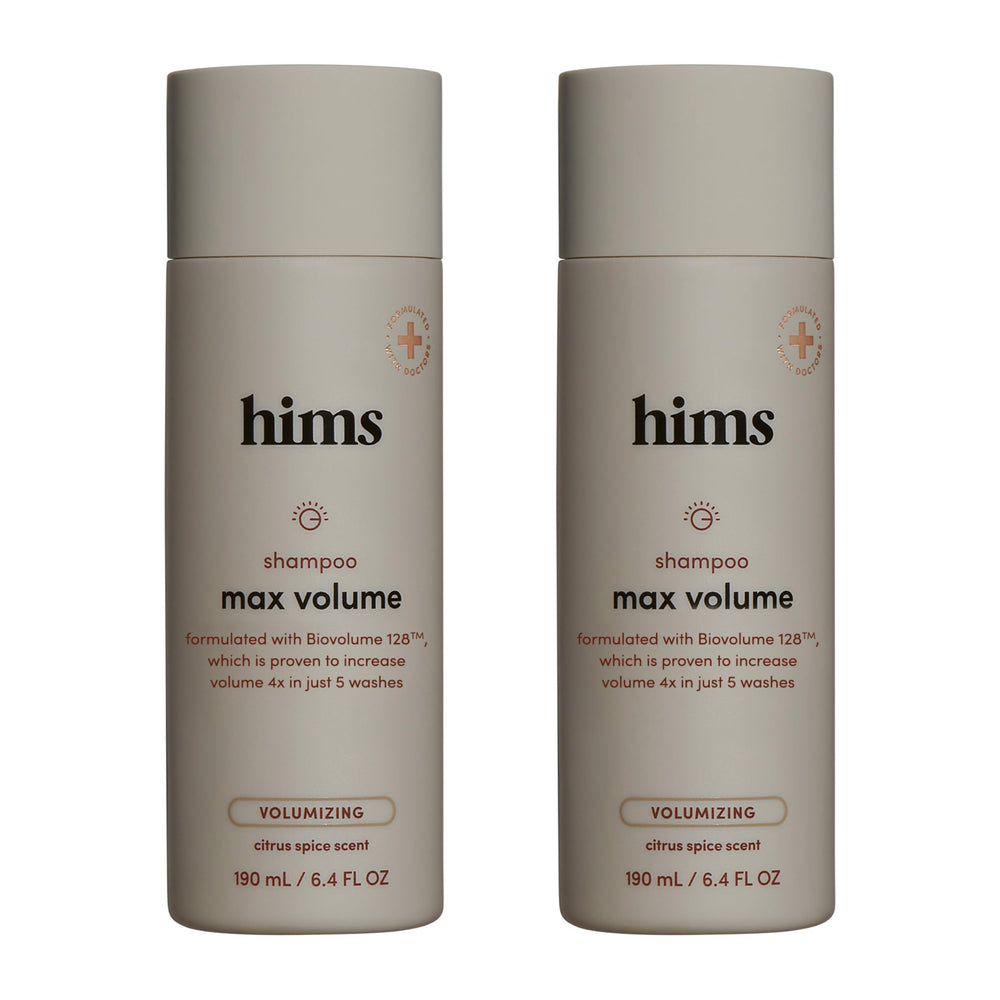 Hims & Hers Max Volume Shampoo bottle highlights root lift for fuller hair.