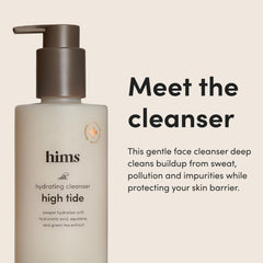 Hims High Tide Hydrating Daily Cleanser bottle back shows vegan and pH-balanced details