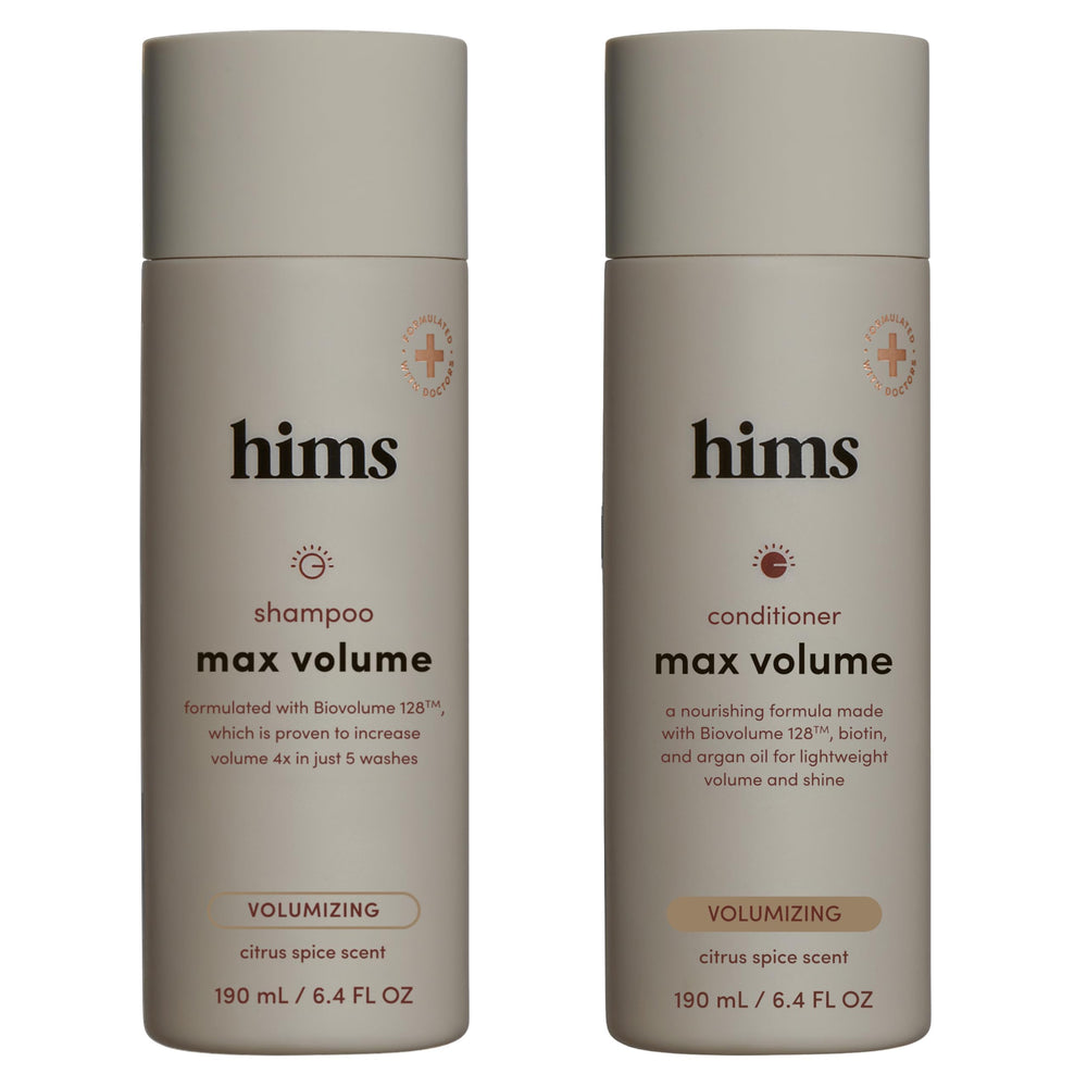 Hims Max Volume Shampoo bottle front promotes fuller-looking hair with a lightweight formula