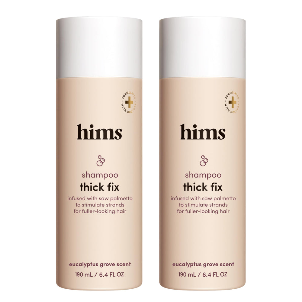 Hims Thick Fix Shampoo bottle front highlights saw palmetto for fuller-looking hair.