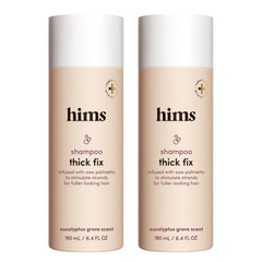 Hims Thick Fix Shampoo bottle front highlights saw palmetto for fuller-looking hair.