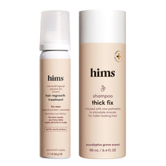 Hims Thick Fix Shampoo bottle enhances scalp nourishment for thicker-looking hair.