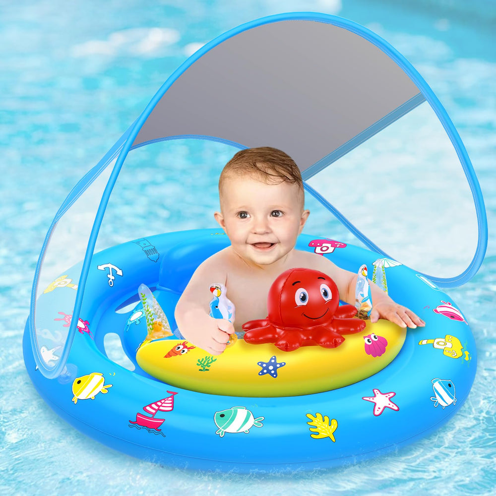 HINZER baby pool float with canopy provides UPF50+ sun protection