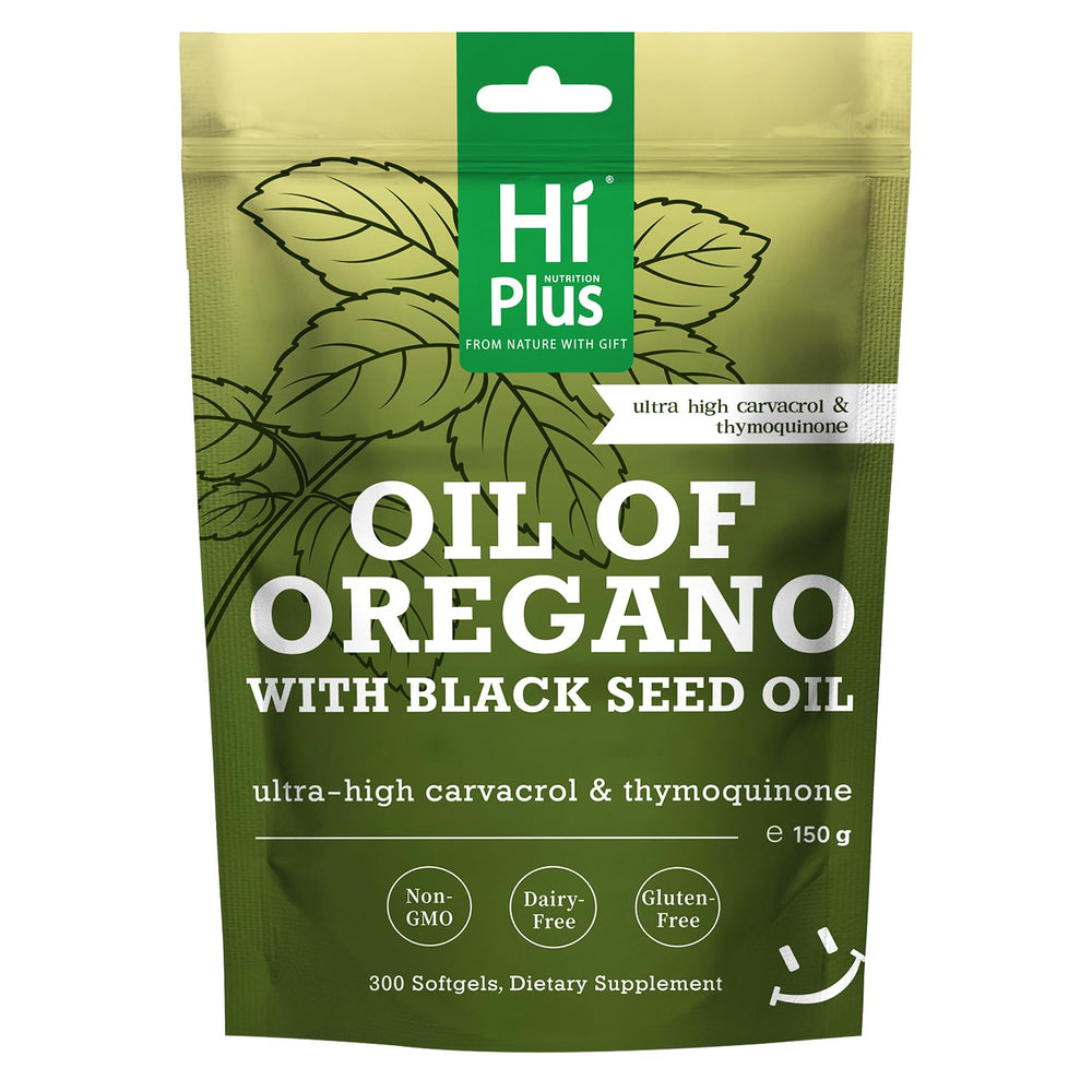 HiPlus oregano oil softgels bottle supports daily immune wellness.