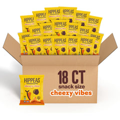 HIPPEAS Cheezy Vibes chickpea puffs bag close-up, a crunchy plant-based snack.