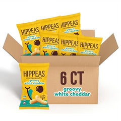 HIPPEAS Groovy White Cheddar puffs in a bag for on-the-go plant-based snacking