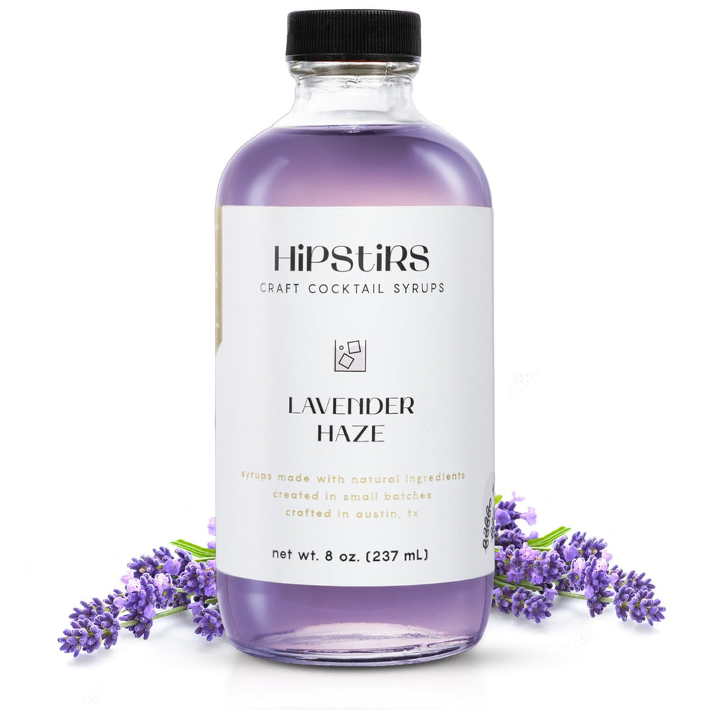 HipStirs Lavender Haze Syrup bottle highlights real ingredients for craft cocktails.