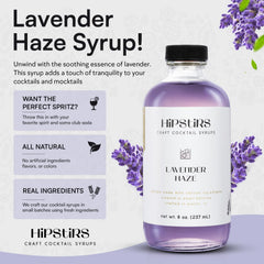 HipStirs Lavender Haze Syrup label emphasizes natural flavoring with no artificial additives.