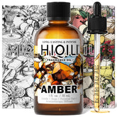 HIQILI Amber Fragrance Oil bottle close-up for candles and diffusers.