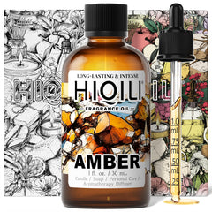 HIQILI Amber Fragrance Oil bottle close-up for candles and diffusers.