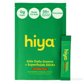 Hiya Kids Greens Powder Sticks packaging showcases chocolate flavor for everyday mixing.